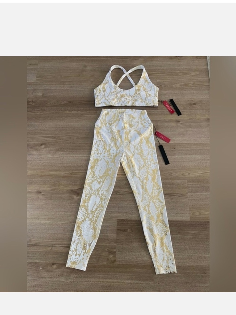 Carbon38 Cream and Gold Snake-Print High-Rise Leggings & Bra Set